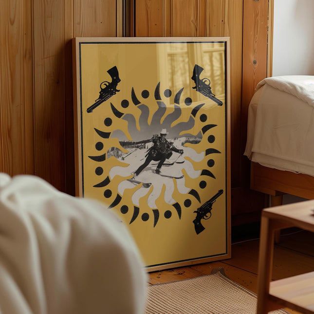 Skiing Cowboy Poster, Funny Western Ski Magazine Collage, Retro Alpine Ranch Wall Art, Ski Lodge Decor