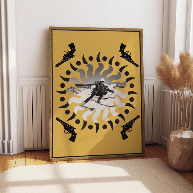 Skiing Cowboy Poster, Funny Western Ski Magazine Collage, Retro Alpine Ranch Wall Art, Ski Lodge Decor
