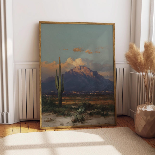 Vintage Desert Cactus Oil Painting Print, Southwestern Landscape Wall Art, Saguaro Mountain Sunset Decor