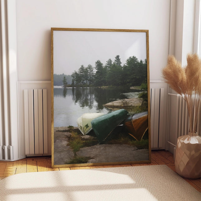 Vintage Canoe Oil Painting Print, Rustic Lake House Wall Art, Cottage Cabin Decor, Wilderness Landscape Artwork
