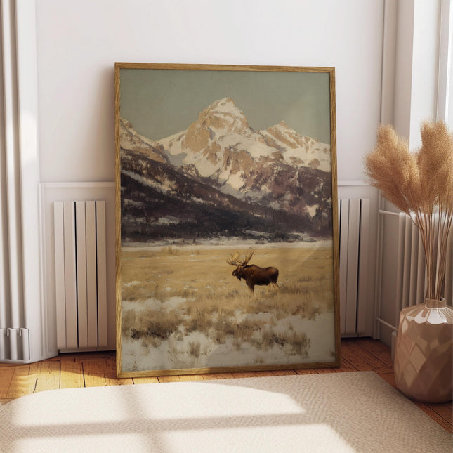 Vintage Moose Oil Painting Print, Rocky Mountain Wildlife Wall Art, Rustic Lodge Decor, Snowy Alpine Landscape