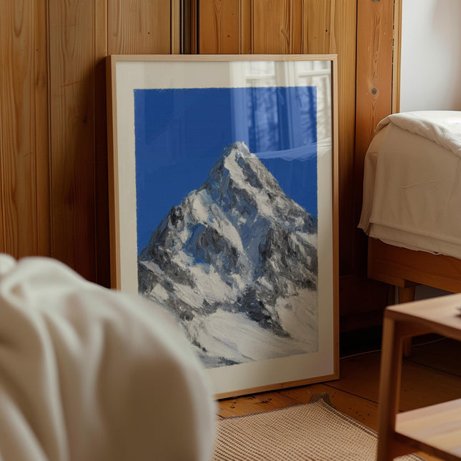 Snowy Mountain Oil Painting Print, Rocky Alpine Landscape Wall Art, Blue Sky Winter Peak Artwork, Large Nature Wall Decor