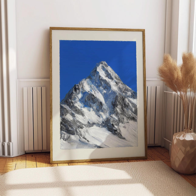 Snowy Mountain Oil Painting Print, Rocky Alpine Landscape Wall Art, Blue Sky Winter Peak Artwork, Large Nature Wall Decor