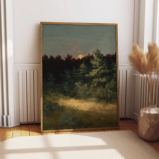 Moody Forest Moon Oil Painting Print, Vintage Woodland Wall Art, Dark Cottagecore Decor, Atmospheric Landscape