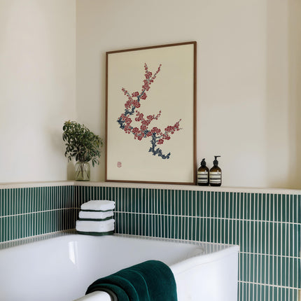 Japanese Sakura Branch Print, Red Blossom Ink Painting, Asian Botanical Wall Art, Japandi Zen Home Decor Poster