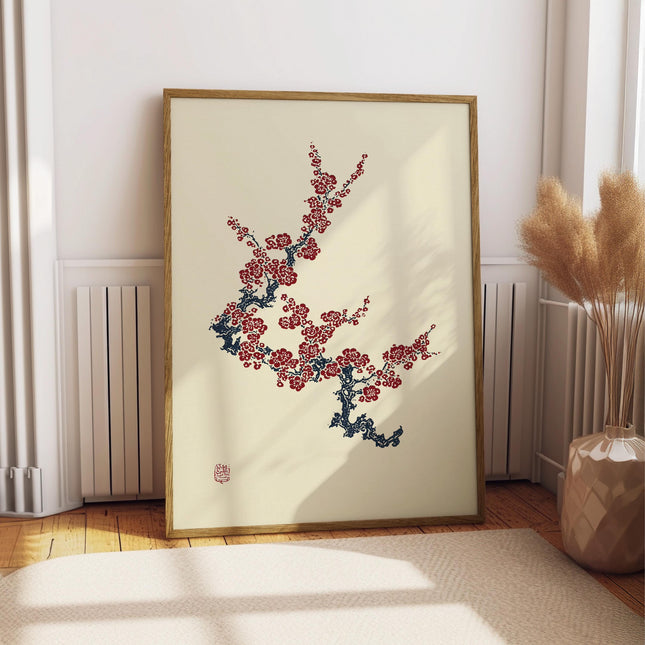 Japanese Sakura Branch Print, Red Blossom Ink Painting, Asian Botanical Wall Art, Japandi Zen Home Decor Poster