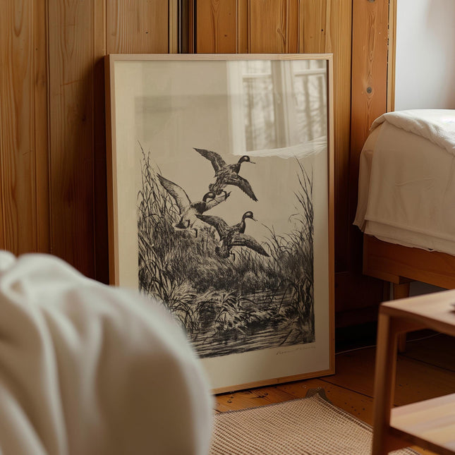 Vintage Duck Etching Print, Antique Hunting Artwork, Black and White Wildlife Engraving, Rustic Lodge Wall Art