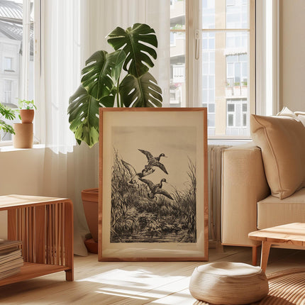 Vintage Duck Etching Print, Antique Hunting Artwork, Black and White Wildlife Engraving, Rustic Lodge Wall Art