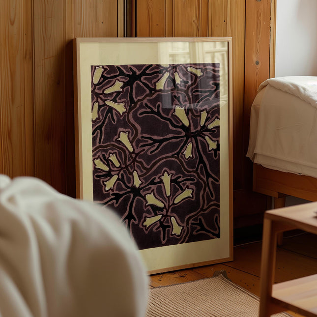 Vintage Japanese Floral Pattern Print, Art Nouveau Botanical Wall Art, Deep Plum Decorative Design Poster, Elegant Maximalist Home Decor