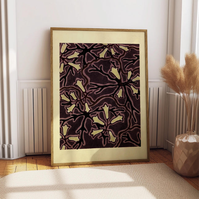 Vintage Japanese Floral Pattern Print, Art Nouveau Botanical Wall Art, Deep Plum Decorative Design Poster, Elegant Maximalist Home Decor