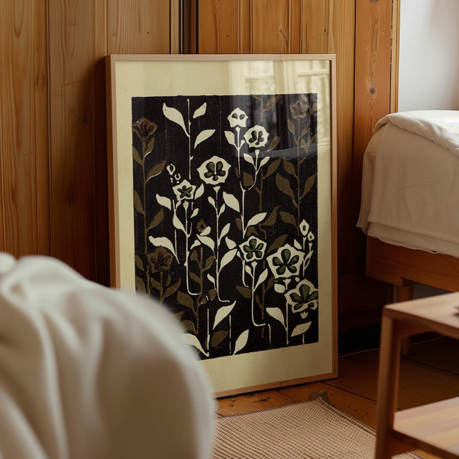 Antique Japanese Floral Panel Print, Shin Bijutsukai Botanical Design, Dark Background Vintage Pattern Art, Historic Decorative Wall Decor