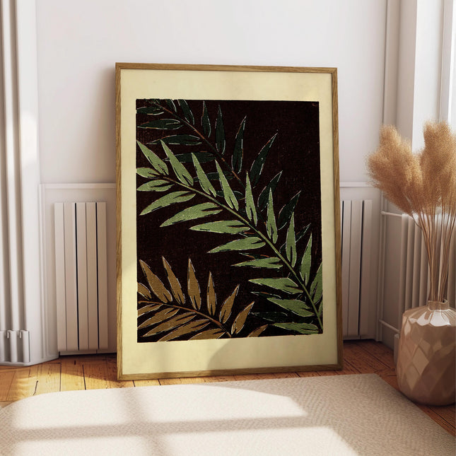 Vintage Fern Wall Art Print, Japanese Woodblock Style Botanical Poster, Green Nature Decor, Japandi Organic Home Aesthetic Art