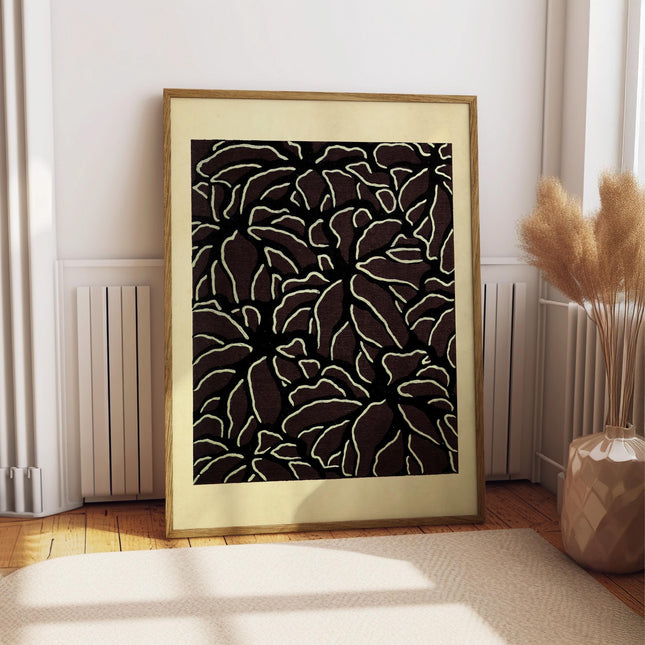 Abstract Botanical Woodblock Print, Dark Floral Wall Art, Japandi Organic Decor, Vintage Japanese Inspired Pattern Poster