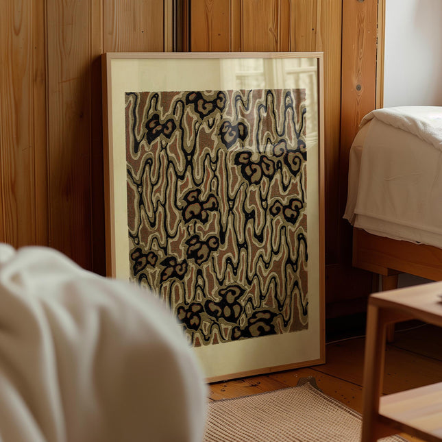 Brown Abstract Woodblock Pattern Print,  Earth Tone Floral Design, Japanese Art Nouveau Style Wall Art, Retro Organic Home Decor