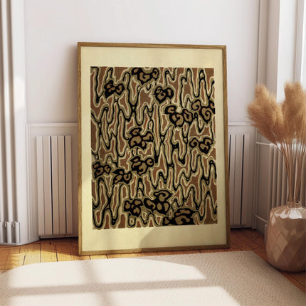 Brown Abstract Woodblock Pattern Print,  Earth Tone Floral Design, Japanese Art Nouveau Style Wall Art, Retro Organic Home Decor