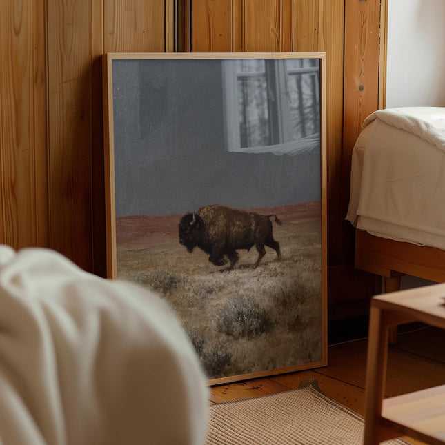 Standing Buffalo Print, Vintage Bison Prairie Art, Antique Oil Painting Poster, Western Plains Wildlife Decor, Rustic American Bison Art