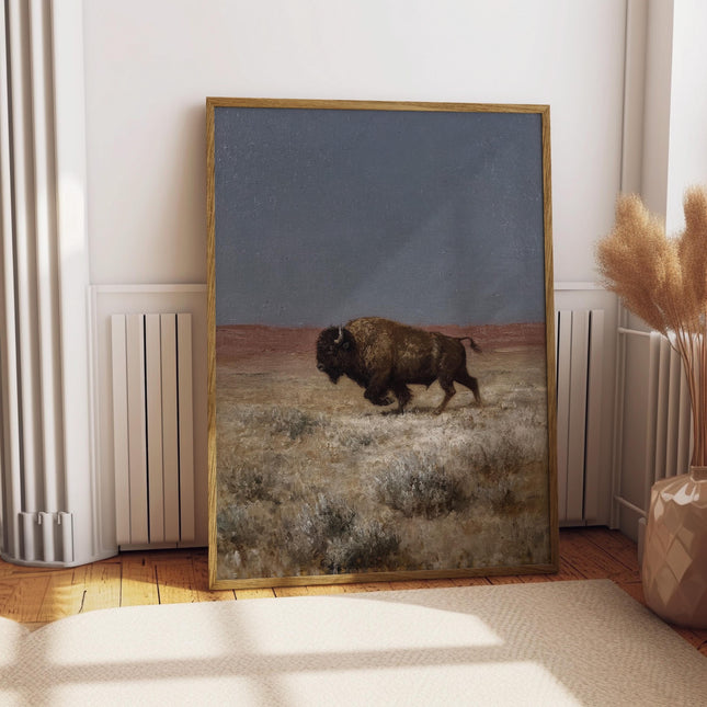 Standing Buffalo Print, Vintage Bison Prairie Art, Antique Oil Painting Poster, Western Plains Wildlife Decor, Rustic American Bison Art