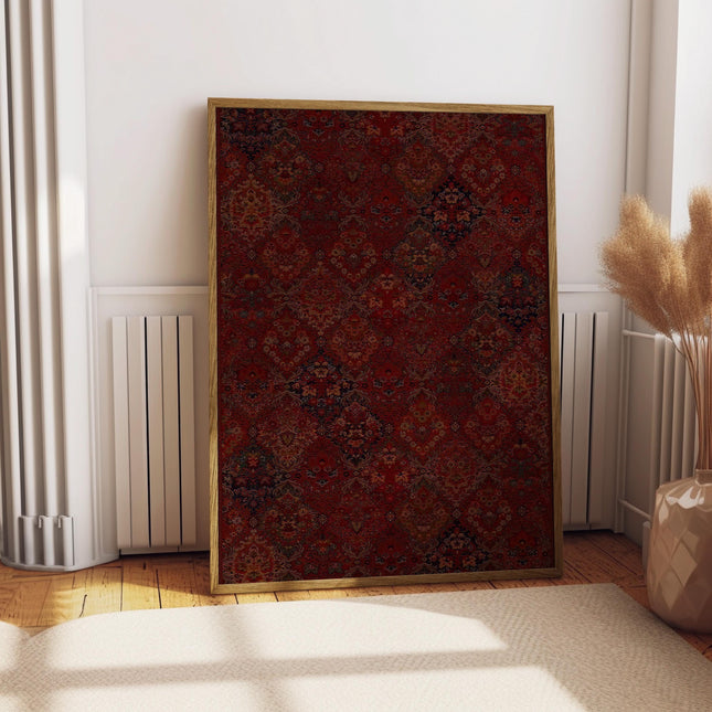 Turkish Floral Pattern Print, Vintage Persian Rug Art Poster, Indian Botanical Wall Decor, Maximalist Red Boho Art Print, Ornate Ethnic Art