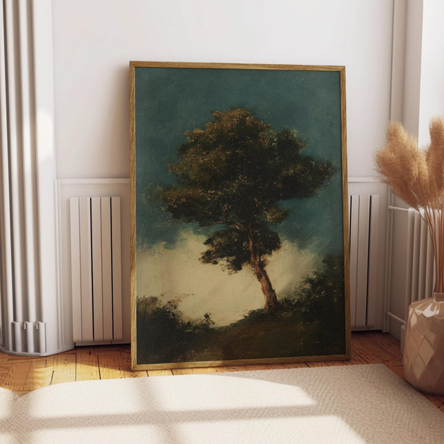 Lone Tree Print, Vintage Moody Oil Painting Poster, Dark Green Nature Wall Art, Antique Landscape Decor, Rustic Botanical Tree Art Print