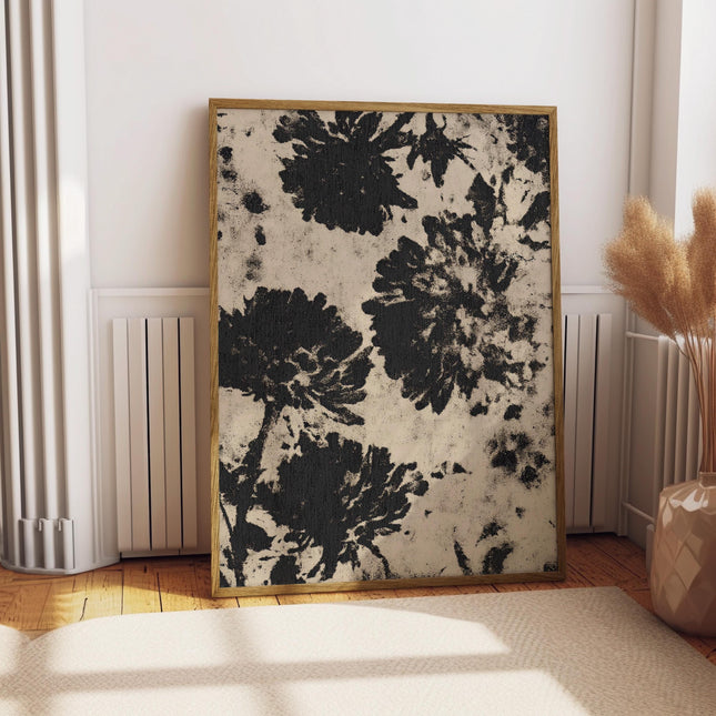 Black Floral Silhouette Print, Vintage Botanical Wall Art, Moody Abstract Flower Poster, Grunge Floral Decor, Cream And Black Nature Print