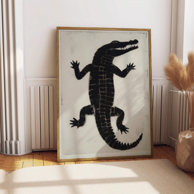 Vintage Crocodile Print, Japanese Folk Art Alligator Poster, Black Minimalist Wildlife Wall Art, Woodblock Style Reptile Decor, Boho Animal