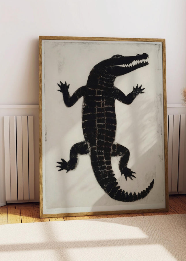 Vintage Crocodile Print, Japanese Folk Art Alligator Poster, Black Minimalist Wildlife Wall Art, Woodblock Style Reptile Decor, Boho Animal