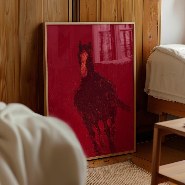 Running Horse Print, Abstract Red Equestrian Wall Art, Bold Oil Painting Poster, Western Horse Charging Decor, Moody Crimson Animal Print