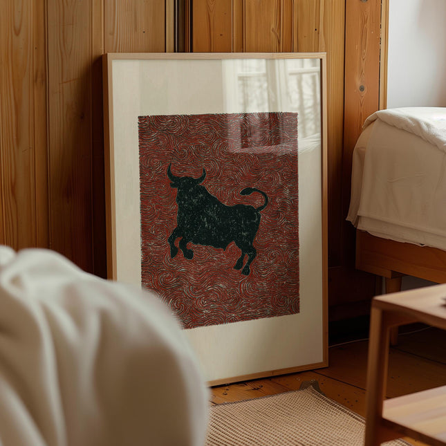 Japanese Bull Print, Vintage Woodblock Style Taurus Wall Art, Black Bull Red Swirl Poster, Folk Art Animal Decor, Eclectic Boho Bull Print