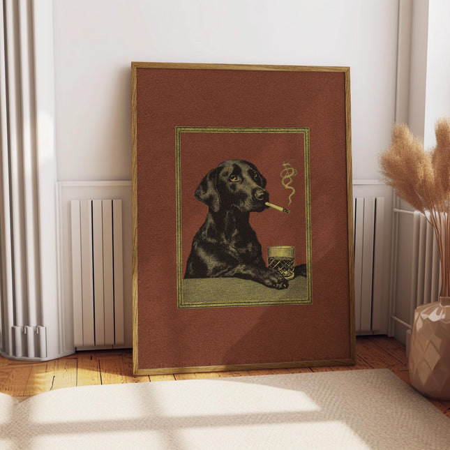 Black Lab Whiskey Print, Vintage Retro Smoking Dog Wall Art, Funny Dog Bar Poster, Quirky Dog Lover Gift, Eclectic Humorous Animal Decor