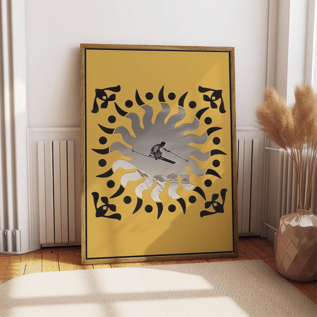 Retro Ski Magazine Collage Print, Vintage Skier Wall Art, 70s Alpine Sunburst Poster, Mountain Lodge Decor