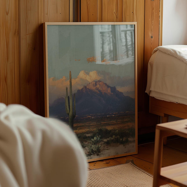 Vintage Desert Cactus Oil Painting Print, Southwestern Landscape Wall Art, Saguaro Mountain Sunset Decor