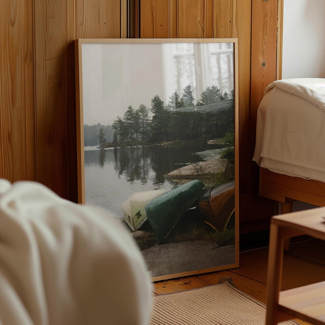 Vintage Canoe Oil Painting Print, Rustic Lake House Wall Art, Cottage Cabin Decor, Wilderness Landscape Artwork