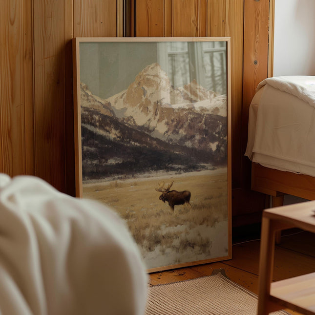 Vintage Moose Oil Painting Print, Rocky Mountain Wildlife Wall Art, Rustic Lodge Decor, Snowy Alpine Landscape