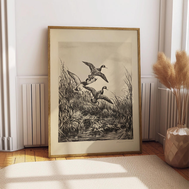 Vintage Duck Etching Print, Antique Hunting Artwork, Black and White Wildlife Engraving, Rustic Lodge Wall Art