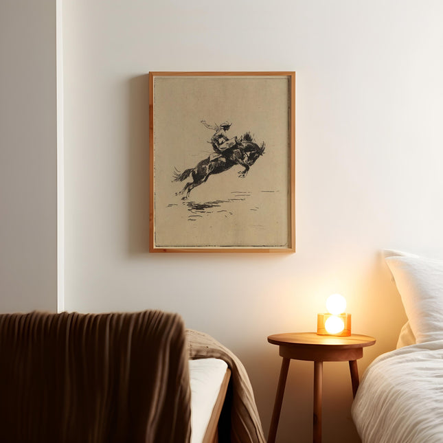 Vintage Cowboy Print, Bucking Bronco Rodeo Wall Art, Western Sketch Poster, Antique Cowboy Horse Decor, Rustic Ranch Equestrian Art Print