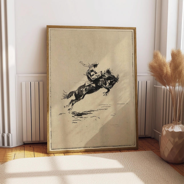 Vintage Cowboy Print, Bucking Bronco Rodeo Wall Art, Western Sketch Poster, Antique Cowboy Horse Decor, Rustic Ranch Equestrian Art Print