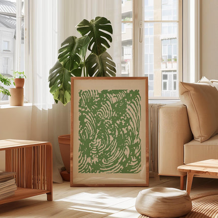Green Wave Print, Japanese Woodblock Style Ocean Wall Art, Sage Green Abstract Poster, Retro Swirl Nature Decor, Bold Green Cream Art Print