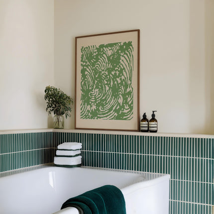 Green Wave Print, Japanese Woodblock Style Ocean Wall Art, Sage Green Abstract Poster, Retro Swirl Nature Decor, Bold Green Cream Art Print