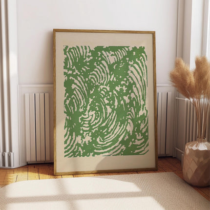 Green Wave Print, Japanese Woodblock Style Ocean Wall Art, Sage Green Abstract Poster, Retro Swirl Nature Decor, Bold Green Cream Art Print