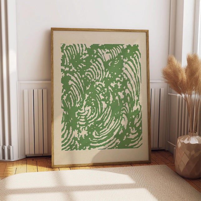 Green Wave Print, Japanese Woodblock Style Ocean Wall Art, Sage Green Abstract Poster, Retro Swirl Nature Decor, Bold Green Cream Art Print