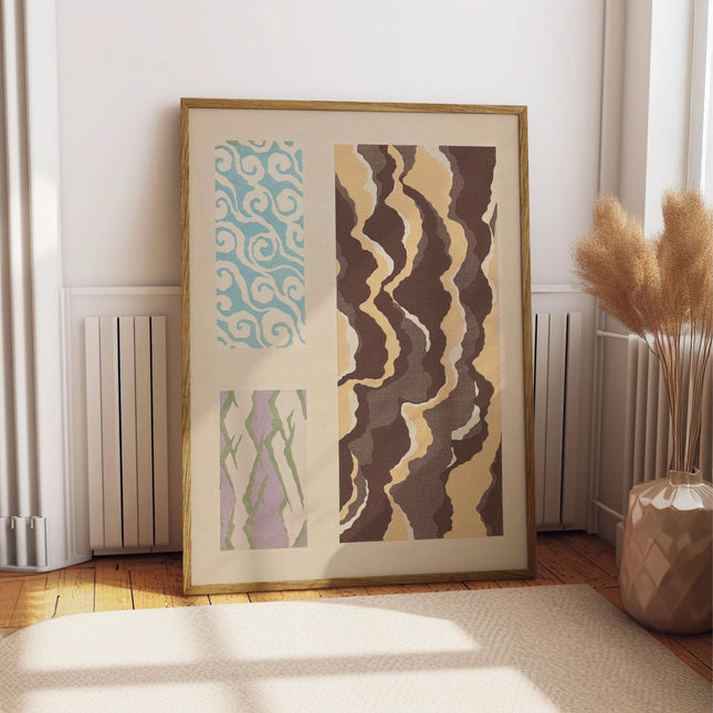 Vintage Japanese Textile Print, Retro Woodblock Pattern Wall Art, Pastel Boho Fabric Swatch Poster, Mid Century Modern Eclectic Decor Print