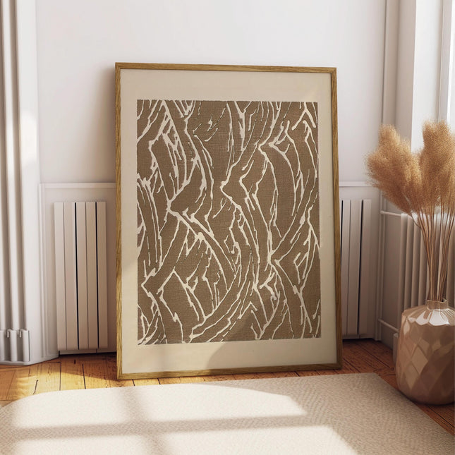 Beige Brown Wave Pattern Print, Vintage Woodblock Texture Wall Art, Neutral Organic Line Poster, Japandi Earthy Minimalist Decor Art Print