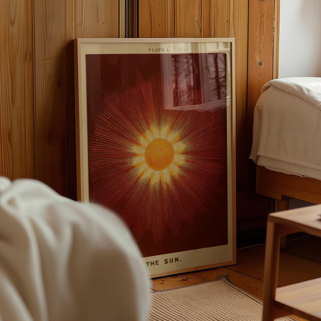 The Sun Print, Vintage Celestial Scientific Illustration Poster, Retro Astronomy Wall Art, Dark Red Orange Solar Decor, Mystic Sun Art Print