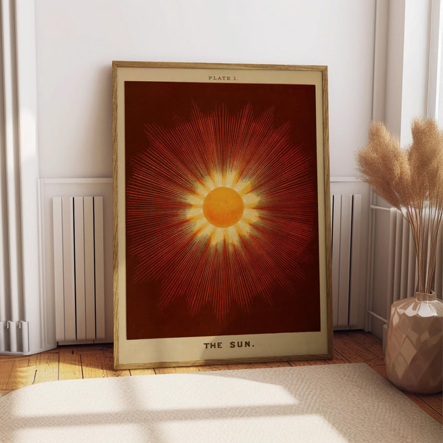 The Sun Print, Vintage Celestial Scientific Illustration Poster, Retro Astronomy Wall Art, Dark Red Orange Solar Decor, Mystic Sun Art Print