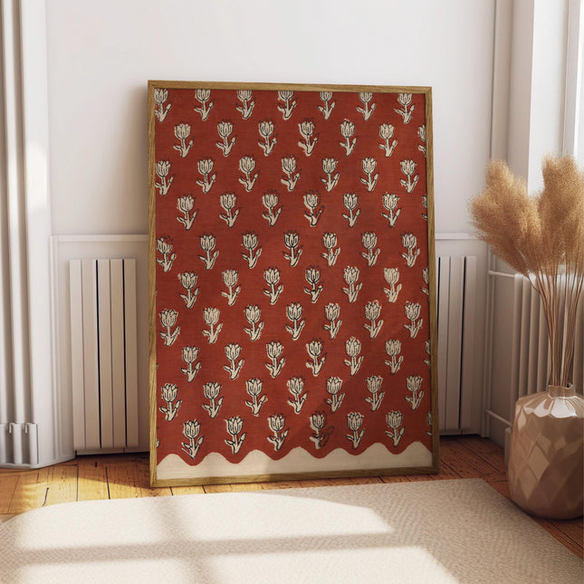 Terracotta Floral Pattern Print, Vintage Block Print Tulip Wall Art, Boho Botanical Repeat Poster, Earthy Red Cream Flower Decor Art Print