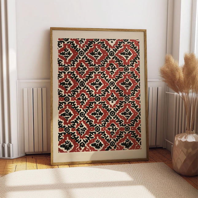 Ukrainian Folk Pattern Print, Vintage Ornate Tile Wall Art, Eastern European Folk Decor, Red Black Botanical Repeat Poster, Ethnic Art Print