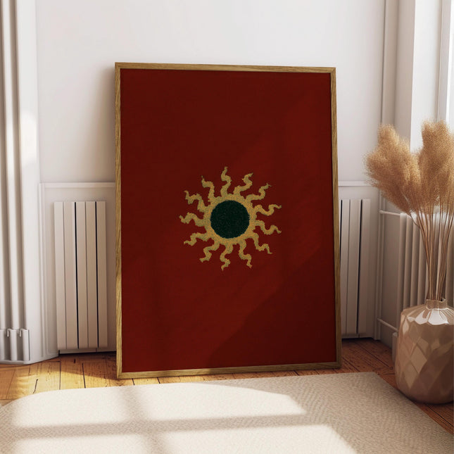 Gothic Sun Print, Minimalist Dark Red Celestial Wall Art, Vintage Gold Green Sun Poster, Moody Mystic Solar Decor, Dark Boho Art Print