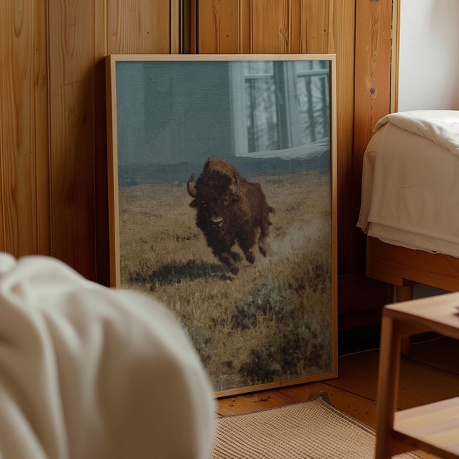 Charging Buffalo Print, Running Bison Wall Art, Vintage American Buffalo Poster, Western Wildlife Action Art, Rustic Prairie Animal Print