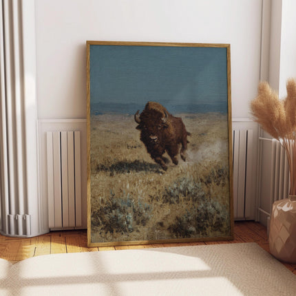 Charging Buffalo Print, Running Bison Wall Art, Vintage American Buffalo Poster, Western Wildlife Action Art, Rustic Prairie Animal Print