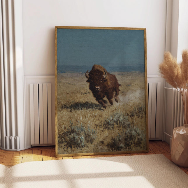Charging Buffalo Print, Running Bison Wall Art, Vintage American Buffalo Poster, Western Wildlife Action Art, Rustic Prairie Animal Print